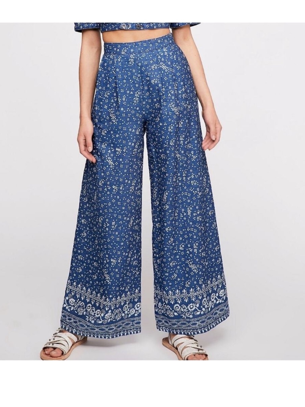 Free People Wild Heart Printed Wide Leg Pant Cotton LinenSide Zip High Rise
